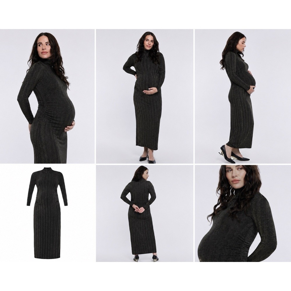 Motherhood Black Gold Metallic Maxi Maternity Dress Mock Neck Bodycon S NWT